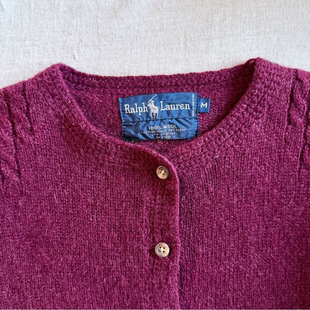 Ralph Lauren c. 1980s Wool Cardigan with Pouf Sleeves in Bordeaux | M - Picture 5 of 5